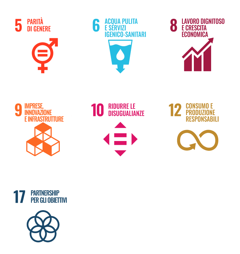 Icone degli SDG 5 parità di genere; SDG 6 acqua pulita e servizi igienico-sanitari; SDG 8 lavoro dignitoso e crescita economica; SDG 9 imprese, innovazione e infrastrutture; SDG 10 ridurre le disuguaglianze; SDG 12 consumo e produzione responsabili; SDG 17 partnership per gli obiettivi