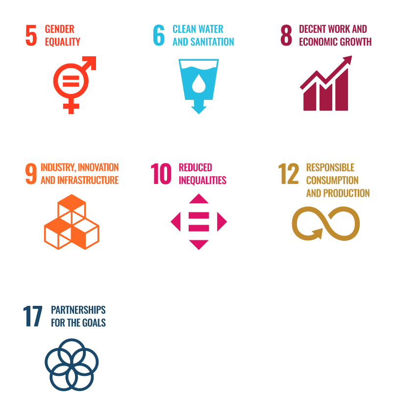 Icons for SDG 5 Gender Equality; SDG 6 Clean Water and Sanitation; SDG 8 Decent Work and Economic Growth; SDG 9 Industry Innovation and Infrastructure; SDG 10 Reduced Inequalities; SDG 12 Responsible Consumption and Production; SDG 17 Partnerships for the Goals