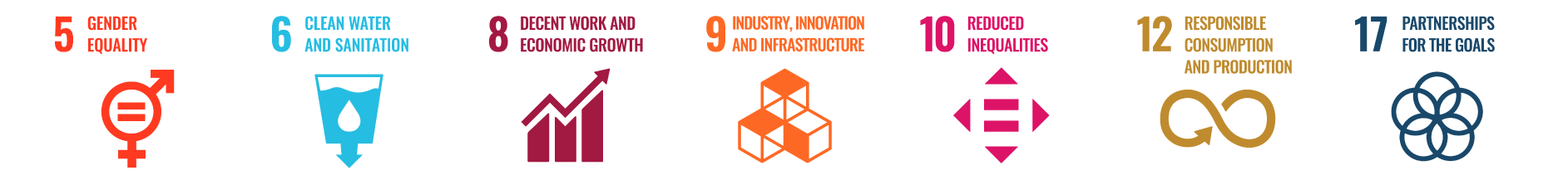 Icons for SDG 5 Gender Equality; SDG 6 Clean Water and Sanitation; SDG 8 Decent Work and Economic Growth; SDG 9 Industry Innovation and Infrastructure; SDG 10 Reduced Inequalities; SDG 12 Responsible Consumption and Production; SDG 17 Partnerships for the Goals.
